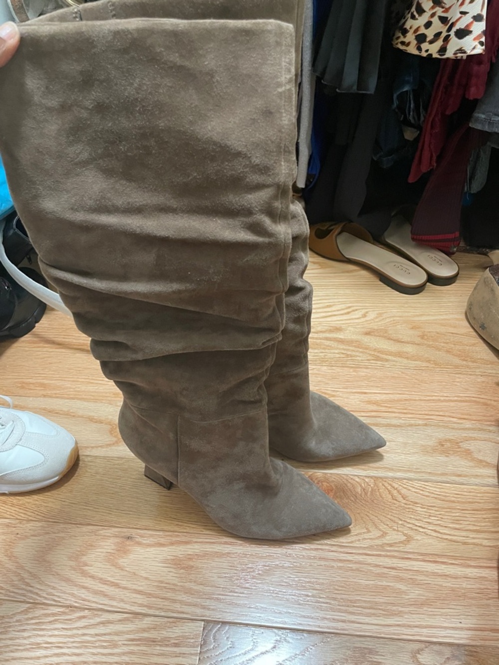 Suede Knee-High Slouch Boot in Taupe
